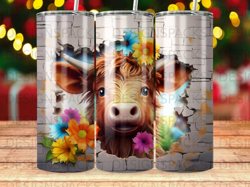 Brown cow face with flowers bursting through cracked brick background.