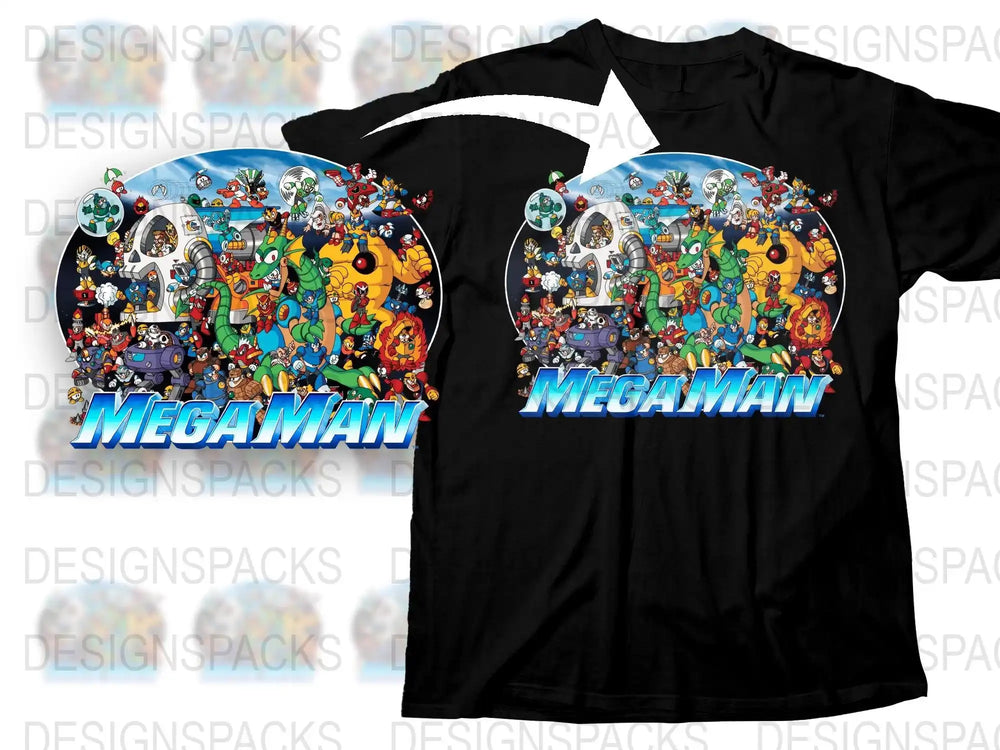 Colorful Mega Man T-Shirt, Retro Gaming Graphic Tee, Vintage Video Game Shirt, Collector’s Edition Full-Print Top