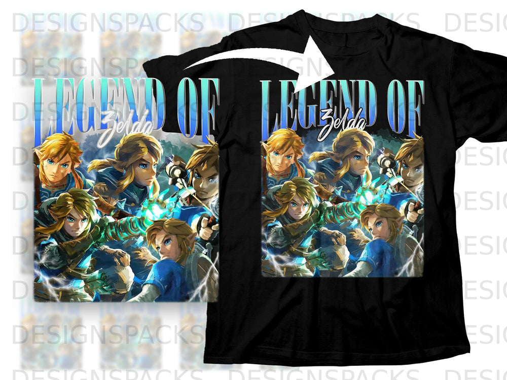 Legend of Zelda characters collage on a black t-shirt.