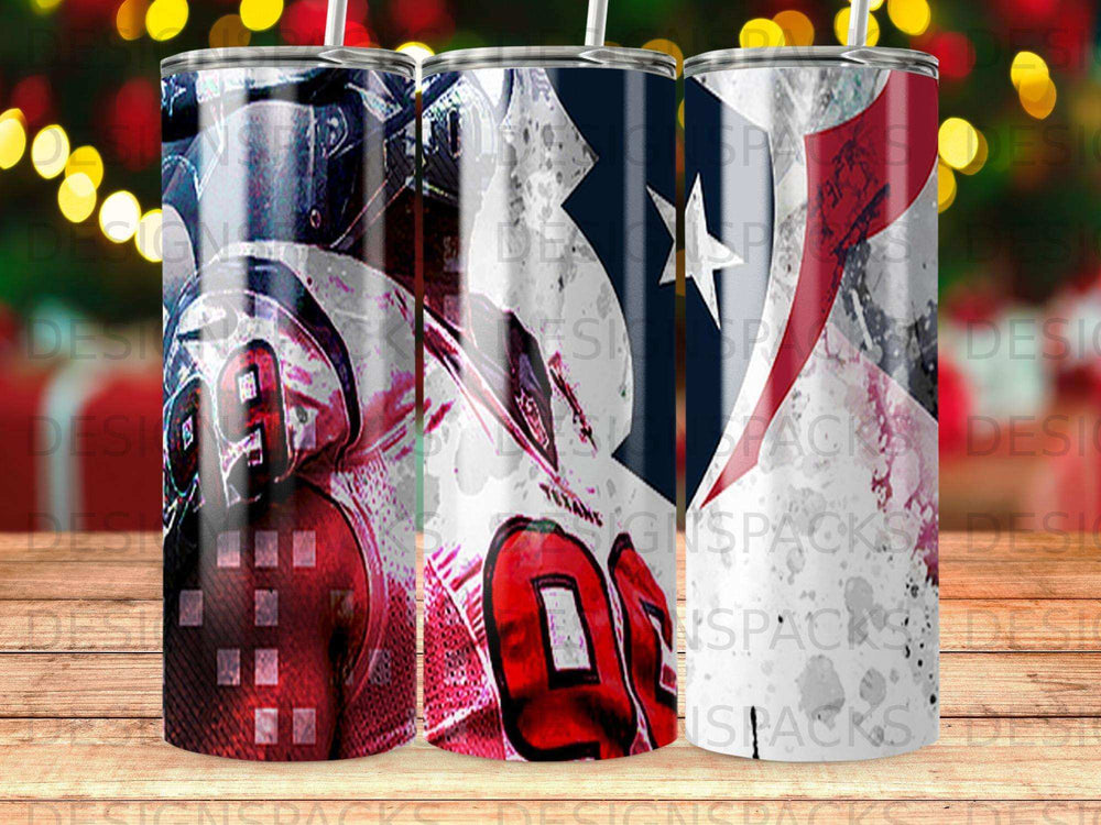 Houston Texans jersey design on three tumblers, one angled.