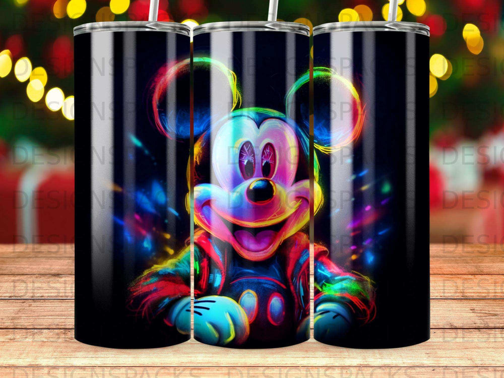 Mickey Mouse in vibrant, neon colors on a black tumbler.