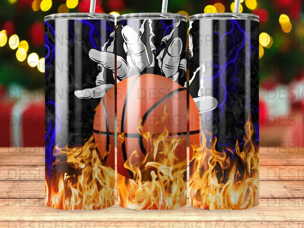 Basketball with fire and lightning graphics on a tumbler.