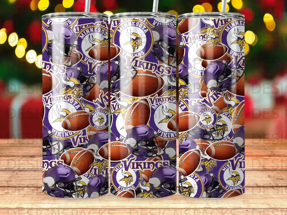 Minnesota Vikings football helmets, helmets, and footballs pattern on tumblers.