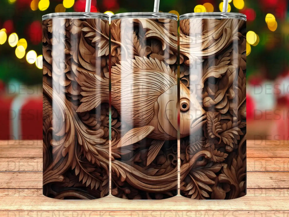 Wooden tumbler with carved fish and floral motifs.