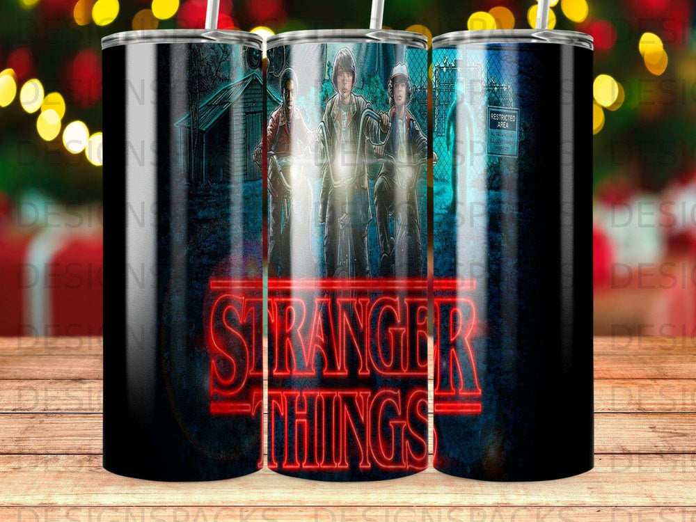 Stranger Things logo with characters in front of a restricted area sign.