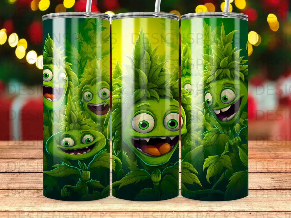 Three cartoon green characters with wide smiles and big eyes on a green leafy background.