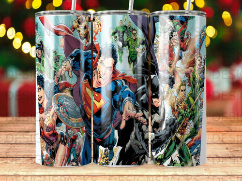 Superhero collage with Superman, Batman, Wonder Woman, and Green Lantern.