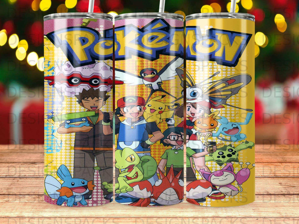 Pokémon characters Ash, Pikachu, and friends on a yellow patterned tumbler.