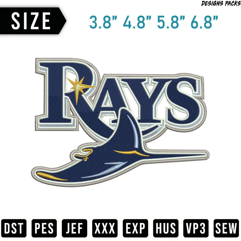 Tampa Bay Rays logo embroidery design with size and file format options.