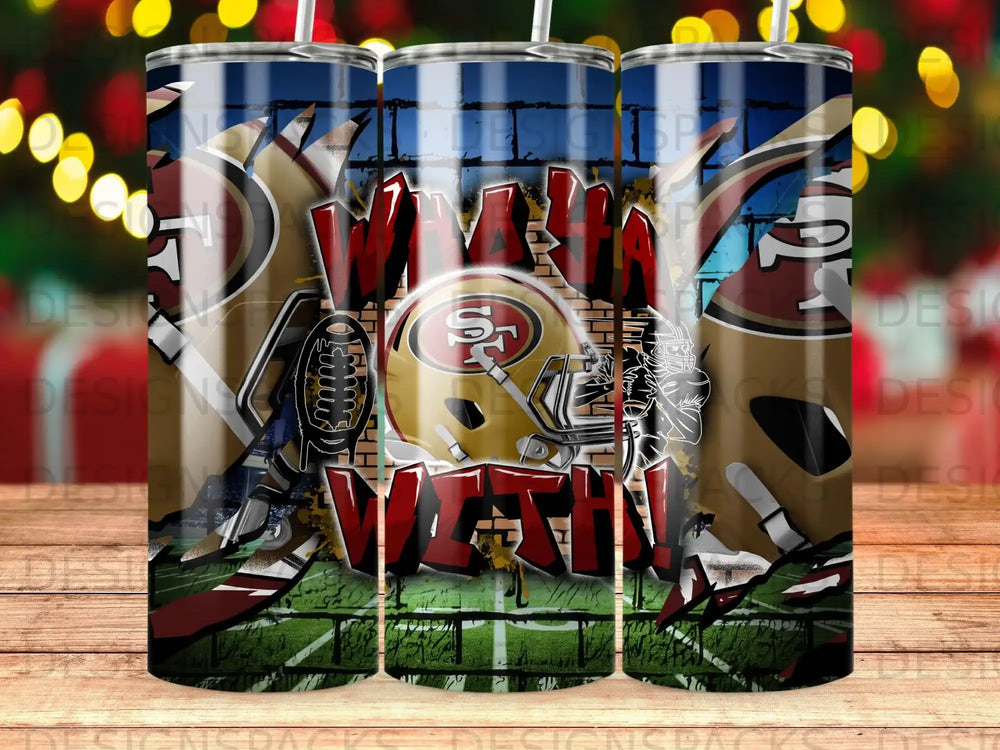 San Francisco 49ers helmet and "Niner Gang" text on a tumbler.