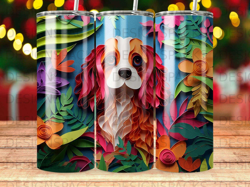 Dog's face on a colorful floral patterned tumbler with leaves and flowers.