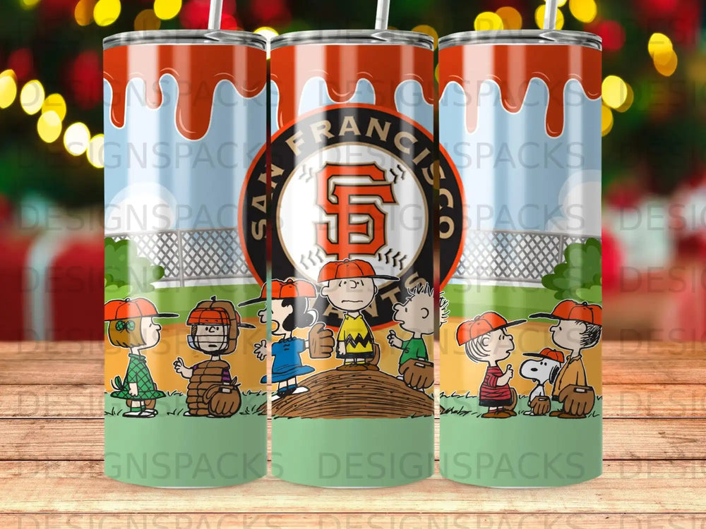San Francisco Giants logo and Peanuts characters on a tumbler.