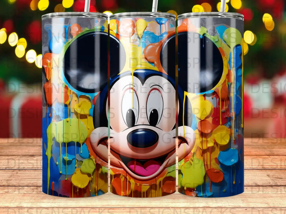 Mickey Mouse's face with colorful paint splatters and drips.