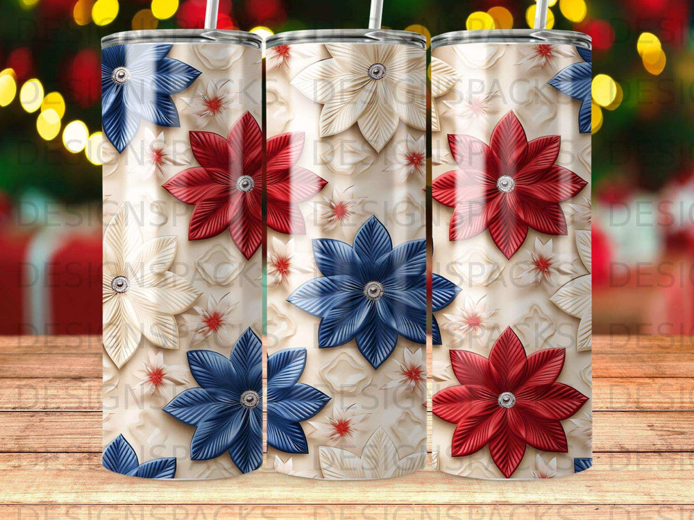 Tumbler with repeating red and blue floral pattern on a textured background.