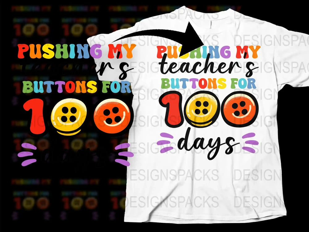 Celebratory 100 Days of School Teacher T-Shirt, Colorful Pushing Buttons Design, Unisex Kids' Tee
