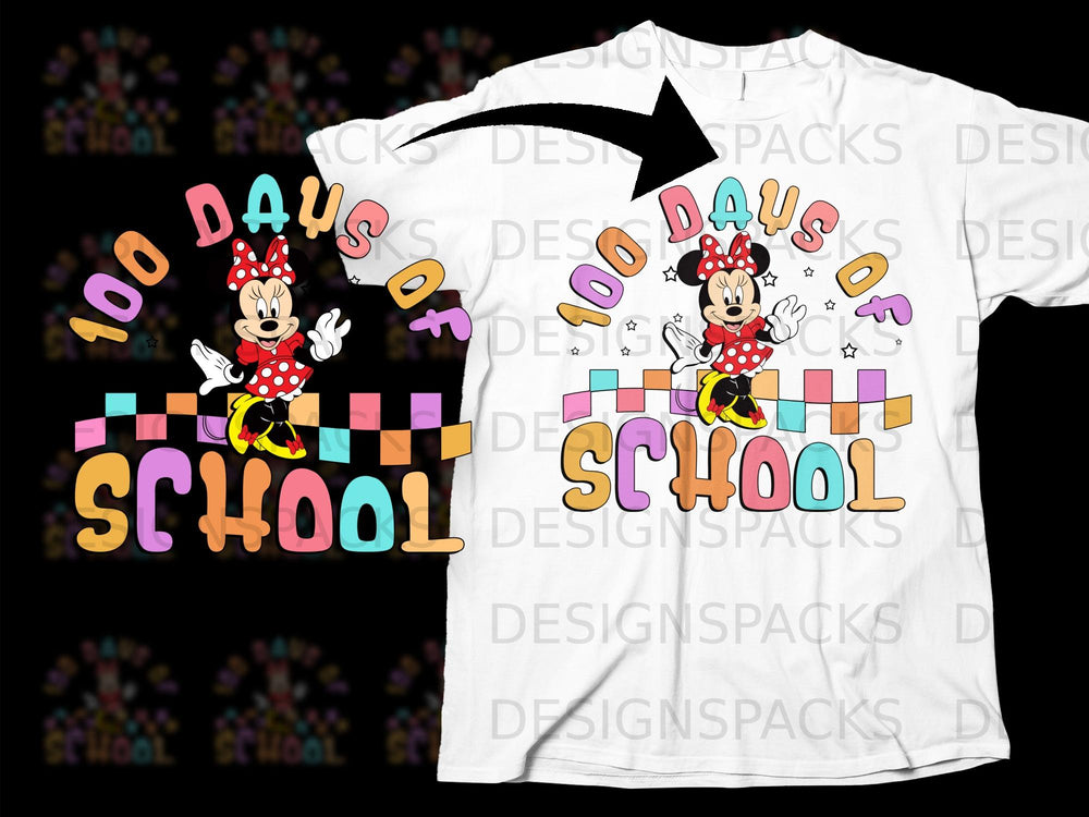 Minnie Mouse graphic celebrating 100 Days of School with colorful text and checkered background.