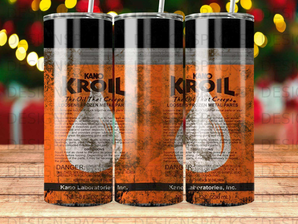 Three KROIL can mockups with product information on a dark background.