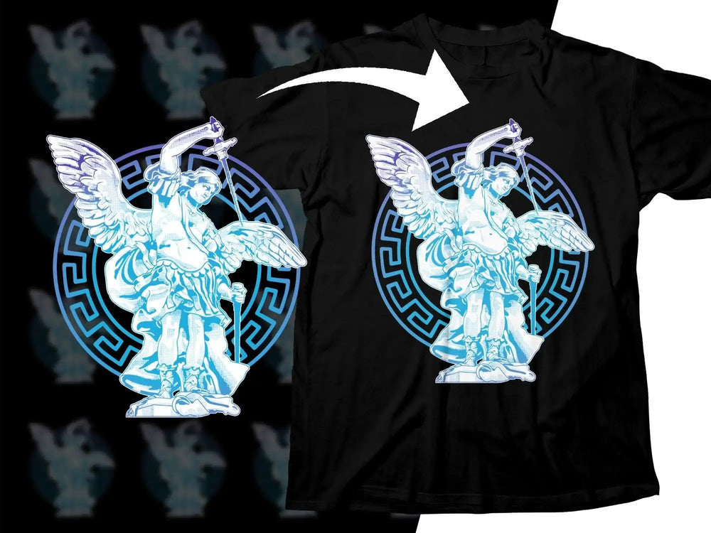 Blue angel warrior design on black t-shirt, print-ready PNG for DTG/DTF