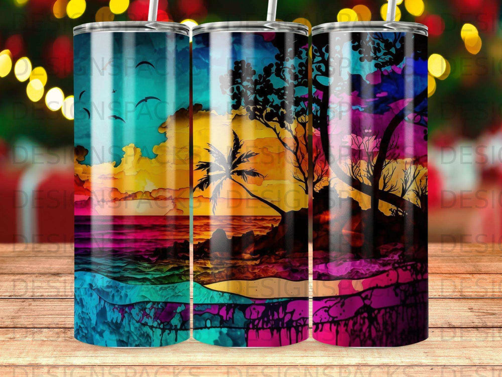 Three tumblers with vibrant sunset beach scenes and abstract colorful backgrounds.