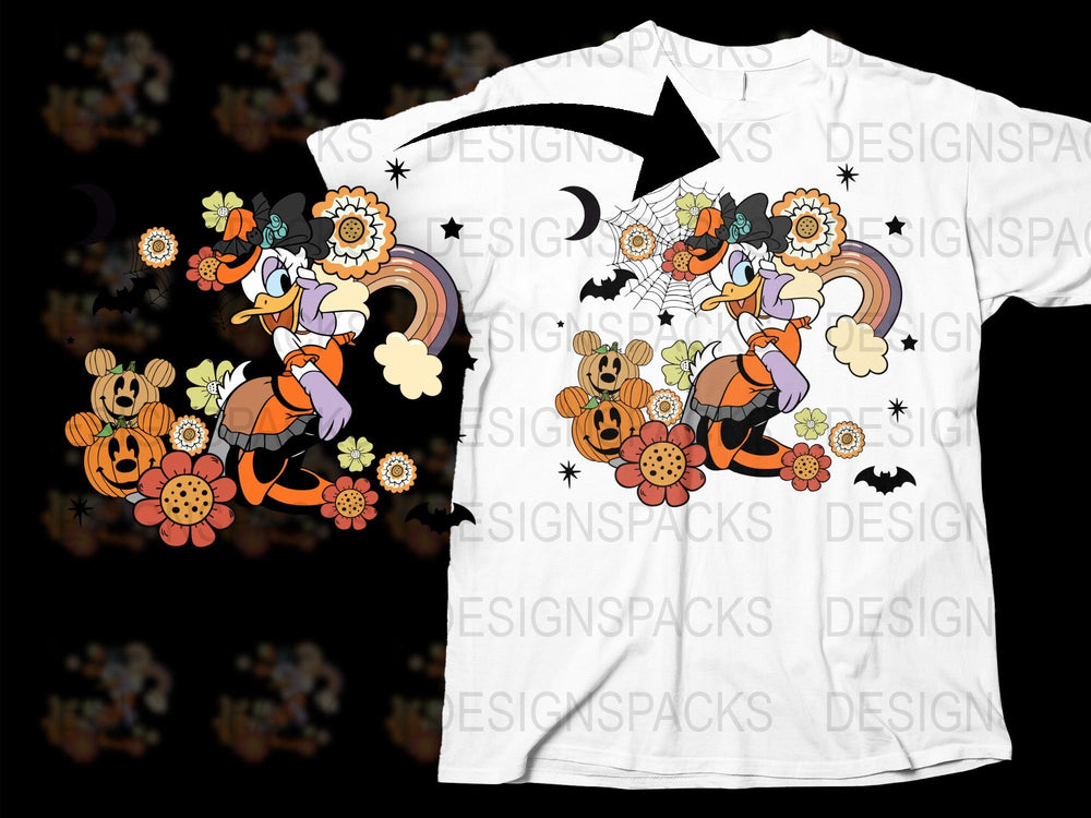 Halloween Witch Duck Cartoon T-Shirt, Cute Fall Pumpkin Graphic Tee, Kids and Adults Casual Outfit