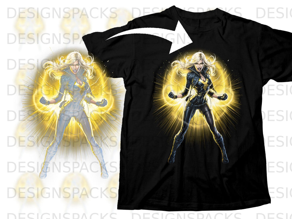 Black t-shirt featuring Black Canary comic art with bright yellow energy aura.
