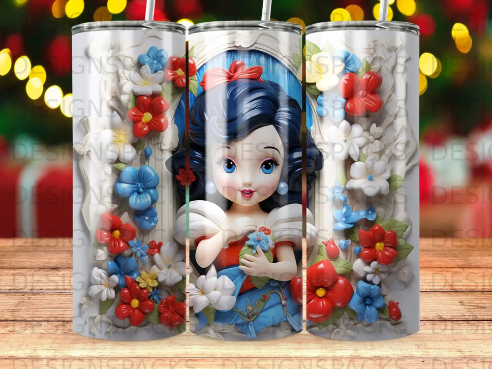 Girl in blue dress holding flowers, surrounded by red and blue flowers.