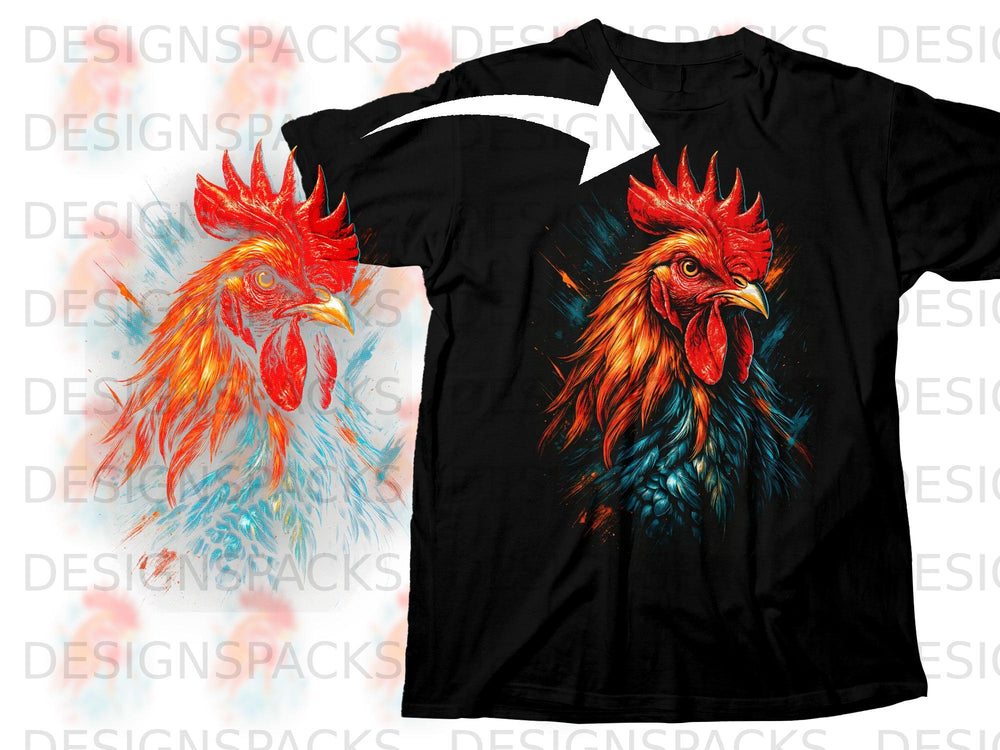 Black t-shirt featuring a vibrant, fiery rooster graphic with blue and orange accents.