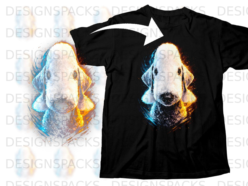 Black t-shirt with a white dog graphic with fiery orange and blue accents.