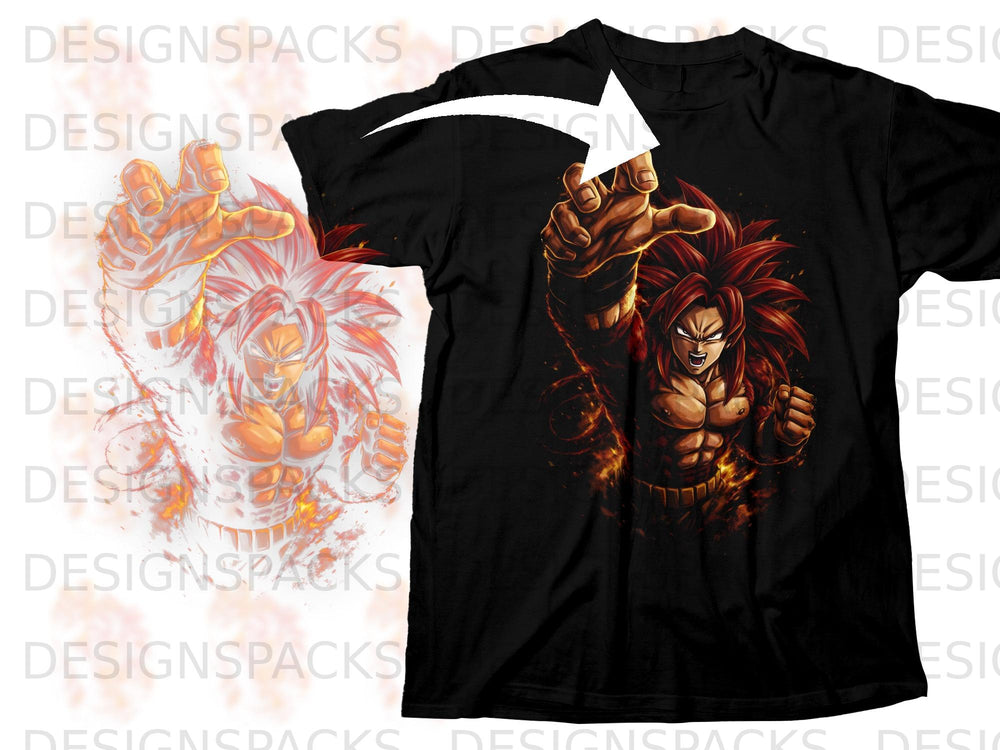 Black t-shirt with fiery Super Saiyan 4 Goku graphic.