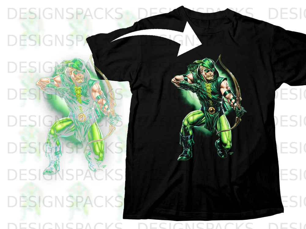 Green Arrow artwork printed on a black t-shirt, holding a bow and arrow.