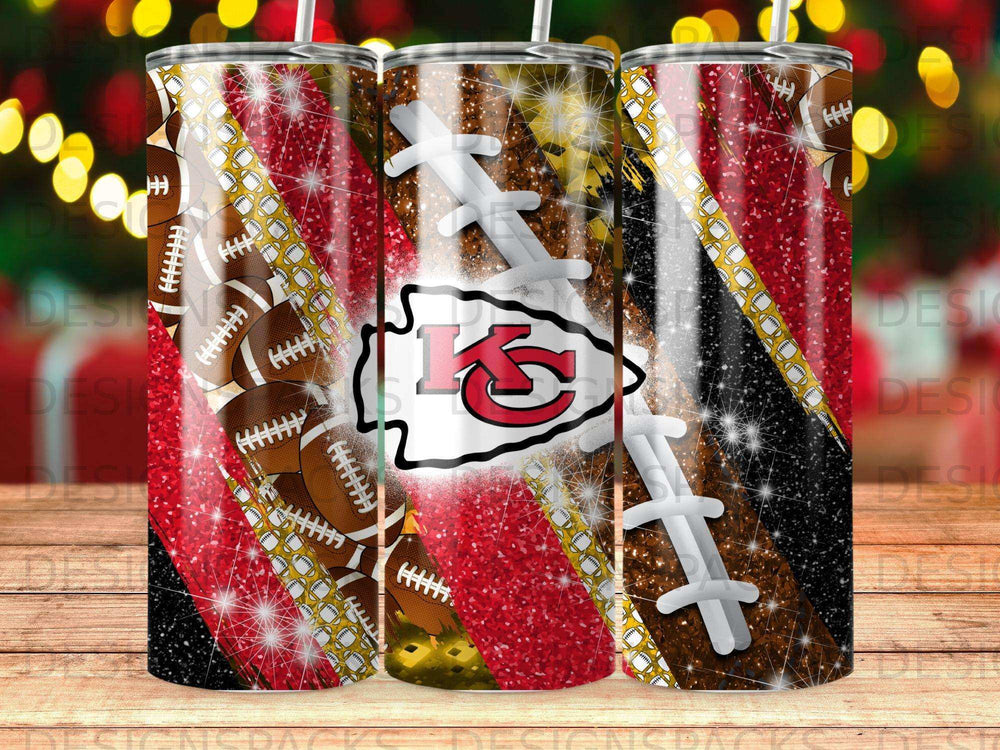 Kansas City Chiefs football pattern tumbler with glitter accents.