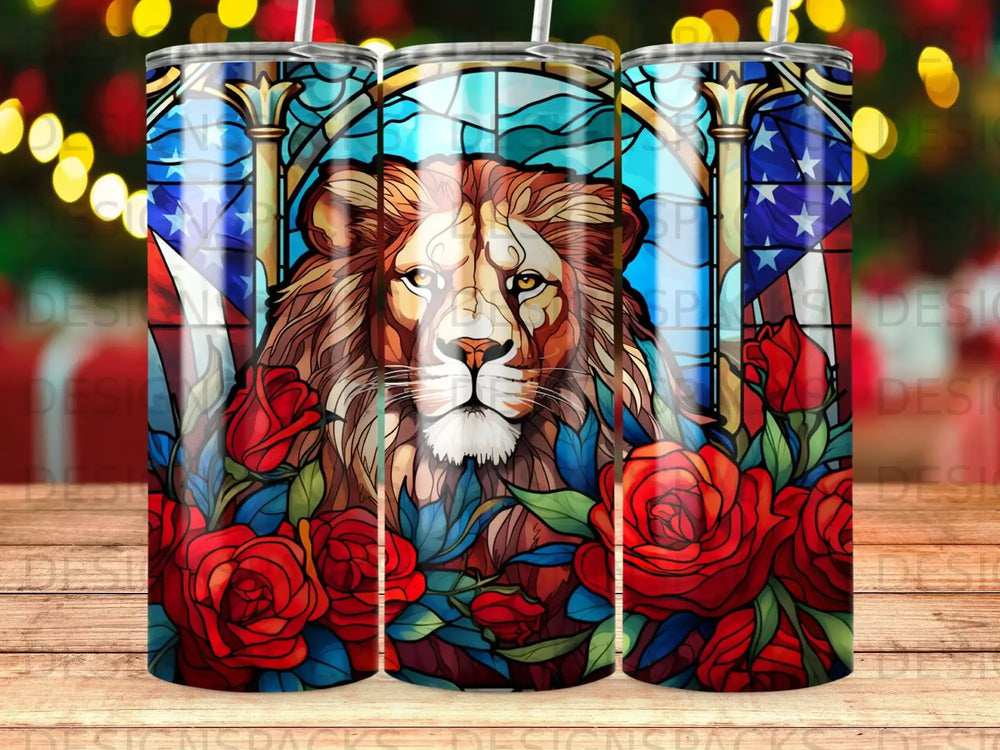 Lion with stained glass, red roses, and American flag.