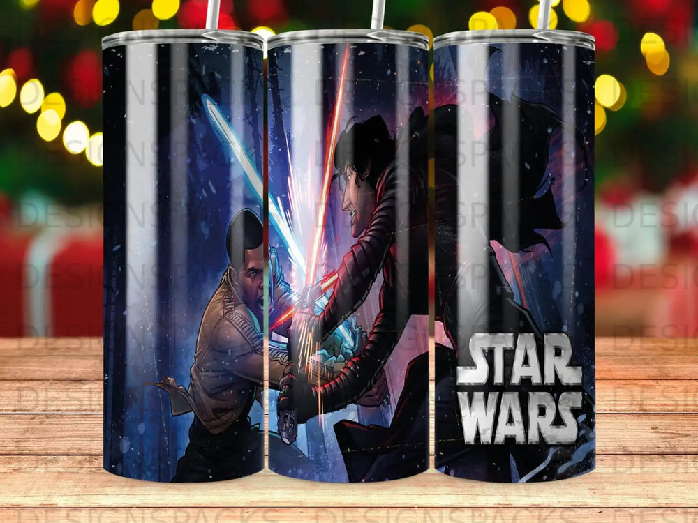 Star Wars tumbler with characters battling with lightsabers.