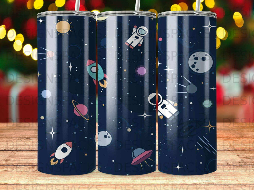 Space-themed tumbler with astronauts, rockets, planets, and stars.