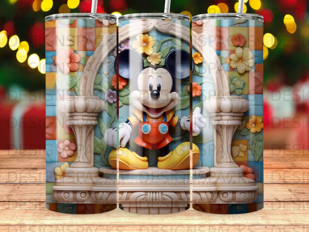 Mickey Mouse in overalls and shoes standing in a floral archway.
