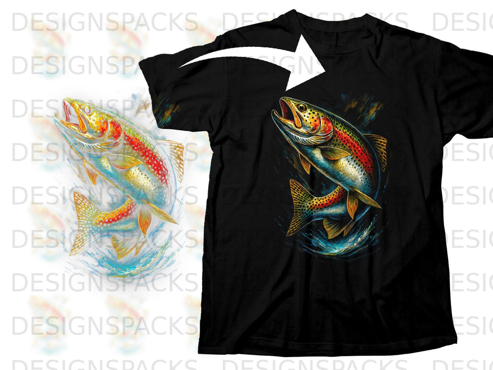 Black t-shirt with a colorful graphic of a jumping rainbow trout and water splash.
