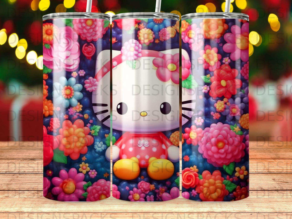 Hello Kitty character surrounded by vibrant, colorful floral patterns.