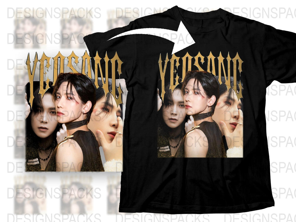 Graphic T-Shirt with Modern Celebrity Portrait, Stylish Urban Fashion, Unisex Black Tee with Gold Lettering