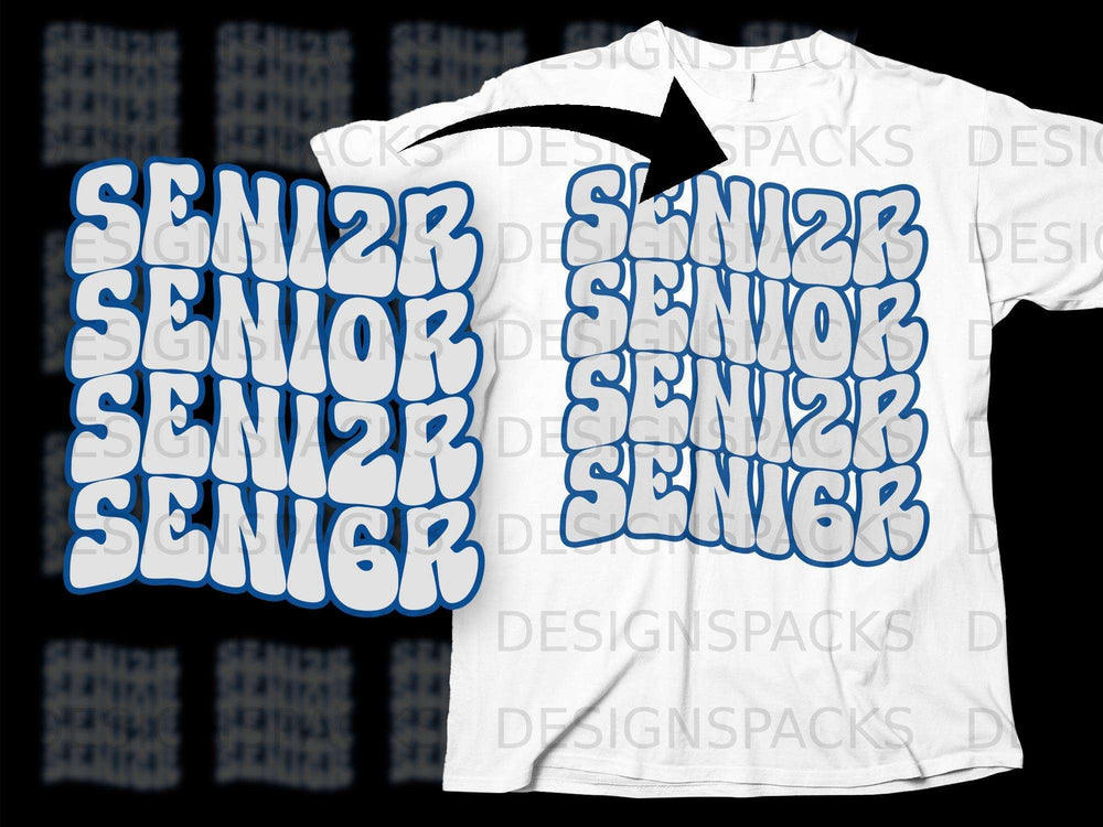 White t-shirt displaying "SENIOR" repeated in a wavy, blue-outlined font.