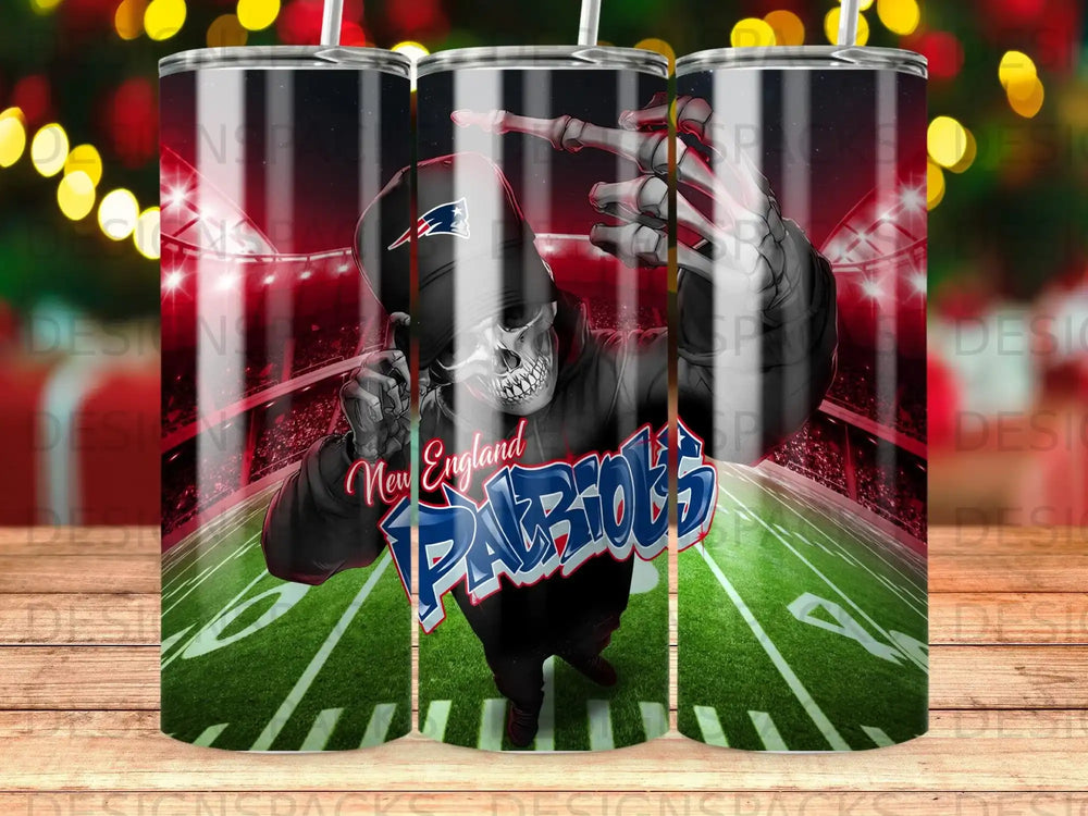 New England Patriots skeleton mascot on football field.