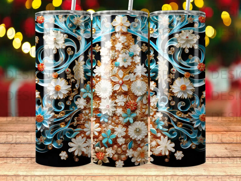 Black tumbler with floral and ornate blue scroll design.