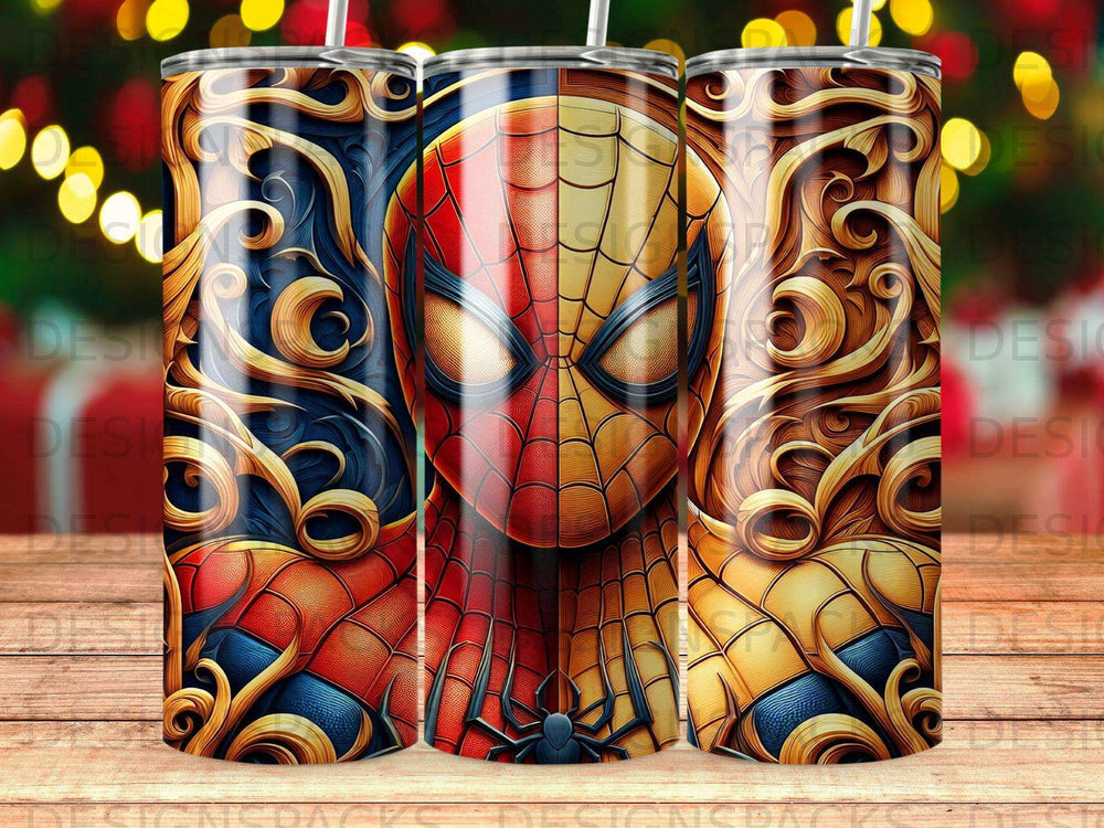 Spiderman tumbler with intricate gold and blue ornate design.