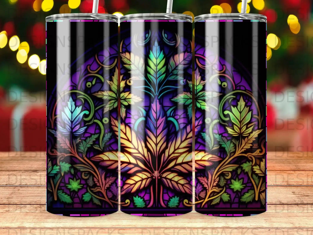 Stained glass pattern of a cannabis leaf with colorful floral accents.