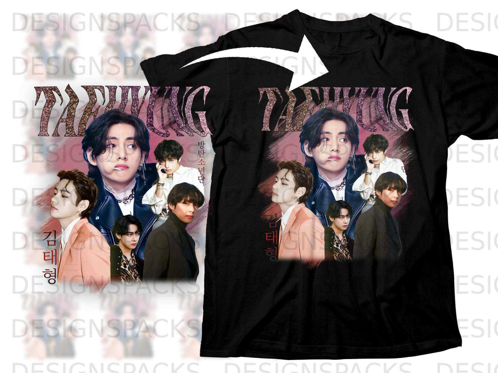 T-shirt with collage of BTS V (Kim Taehyung) and "TAEHYUNG" text.