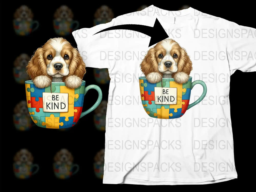 Be Kind Puzzle Mug Dog Graphic T-Shirt, Cute Cavalier King Charles Spaniel Tee, Colorful Jigsaw Pattern Shirt