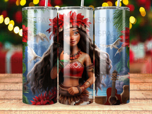 Moana character with tropical flowers and birds, holding a ukulele.