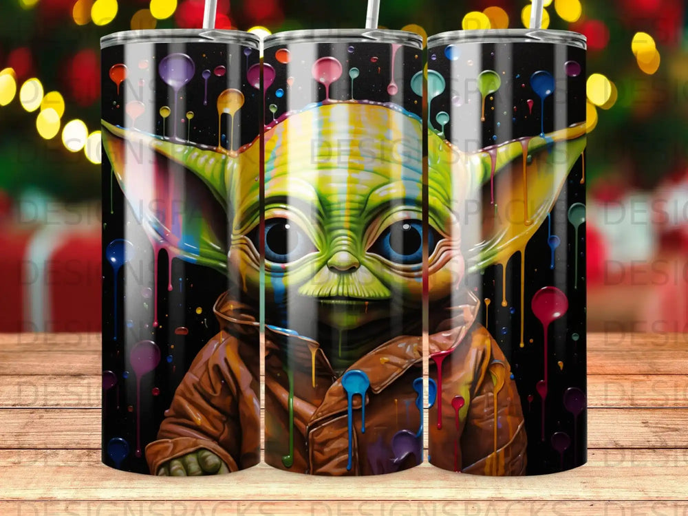 Grogu from Star Wars in a brown jacket with colorful paint splatters.