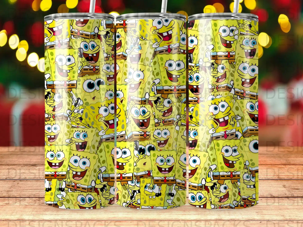 SpongeBob SquarePants characters repeated on a yellow tumbler with a bokeh background.
