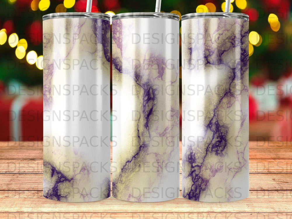 Three tumblers with a purple and gold marbled design.