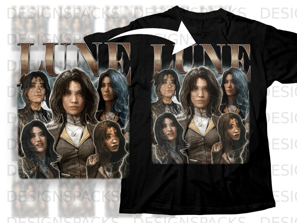 Collage of women's faces with "LUNE LUNE" text above and lightning effects.